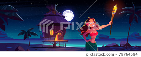 Bungalow night party banner with woman and sea 79764584