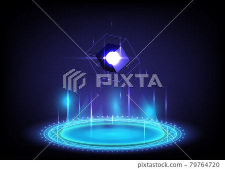 3D cube. Abstract background. Portal and hologram science futuristic. Sci-fi digital hi-tech in glowing HUD with halo. Magic gate in game fantasy. Circle teleport podium. GUI and UI virtual reality 79764720