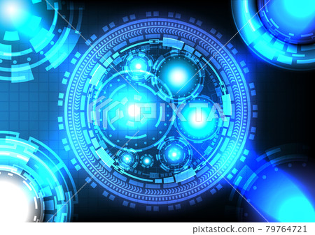 Abstract background. Hologram science. Futuristic Sci-fi digital hi-tech collection in glowing HUD circle. Virtual reality high technology innovation. Head-up display interface. Digital business 79764721
