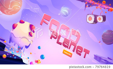 Fast food planet cartoon landing, space adventure 79764819