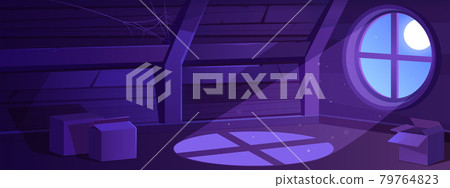 House attic interior at night, empty old mansard House attic interior at night, empty old mansard 79764823