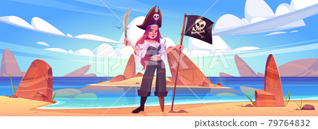 Girl pirate on beach with jolly roger flag, sword Girl pirate on beach with jolly roger flag, sword 79764832