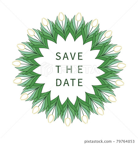 Frame with flowers and leaves of tulips. Wreath, bouquet with place for text. Modern design for invitations and cards. Vector Frame with flowers and leaves of tulips. Wreath, bouquet with place for text. Modern design for invitations and cards. Vector 79764853