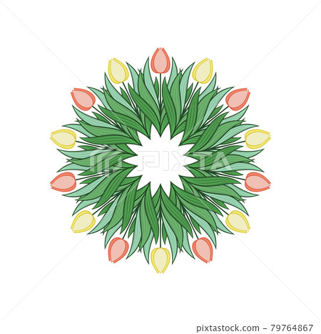 Frame with flowers and leaves of tulips. Wreath, bouquet with place for text. Modern design for invitations and cards. Vector 79764867