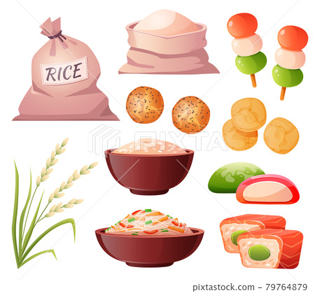 Japanese food, rice in bag, sushi and dango 79764879
