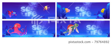 Sea life cartoon banners with underwater animals Sea life cartoon banners with underwater animals 79764892