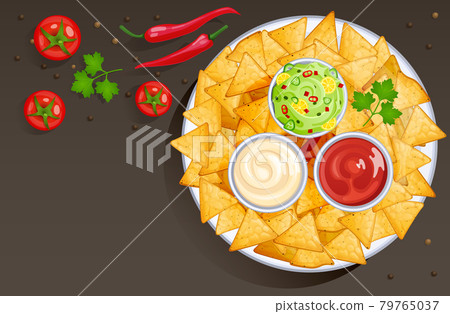 Dish with nacho chips and sauces in bowls 79765037