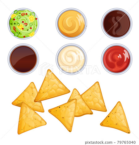 Nacho chips and sauces in bowls, mexican food 79765040