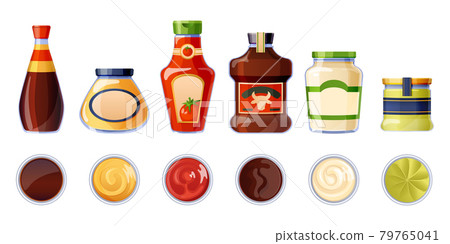 Set of different sauces in bottles and bowls. Set of different sauces in bottles and bowls. 79765041