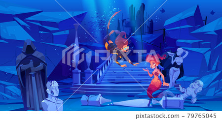 Woman scuba diver meet mermaid under water Woman scuba diver meet mermaid under water 79765045