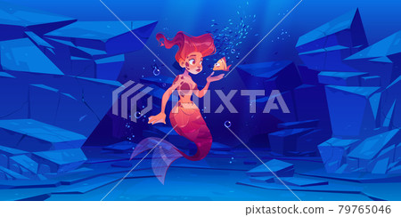Cute mermaid with little fish underwater in sea Cute mermaid with little fish underwater in sea 79765046