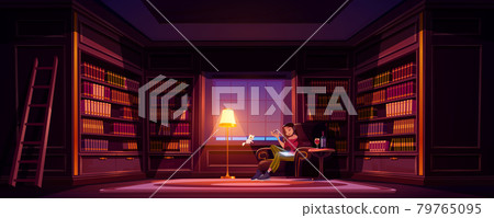 Young woman at home library writing with wine Young woman at home library writing with wine 79765095