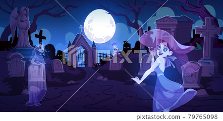 Ghosts on old cemetery with graves at night 79765098