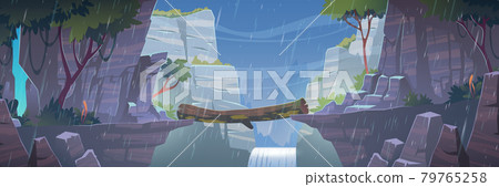 Log bridge between mountains above cliff at rain 79765258