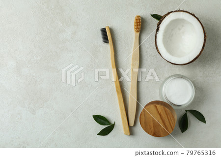 Oral care accessories on white textured background Oral care accessories on white textured background 79765316