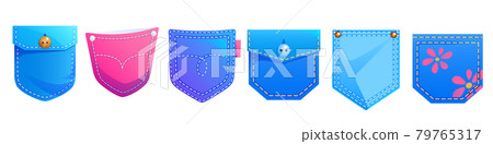 Denim patch pockets, cartoon design elements set Denim patch pockets, cartoon design elements set 79765317