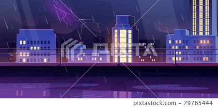 Terrace on rooftop at night storm, rainy city view 79765444
