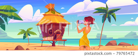 Girl take photo of bungalow and sea 79765472