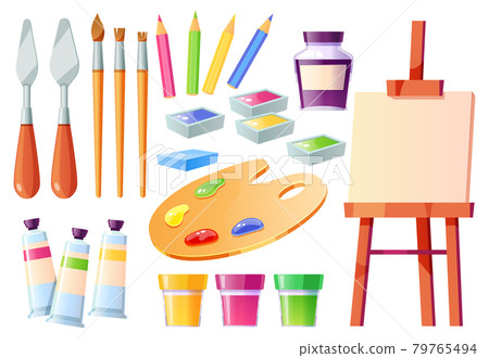Artist tools, brushes, palette, easel and paints Artist tools, brushes, palette, easel and paints 79765494