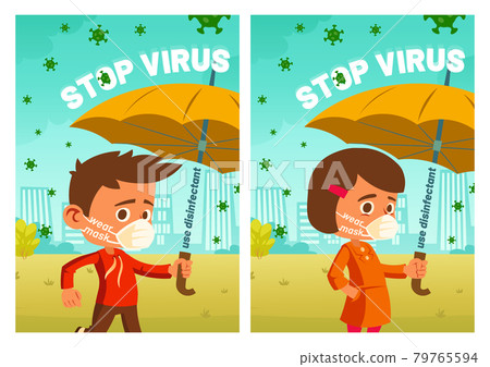 Stop virus cartoon posters, little boy and girl Stop virus cartoon posters, little boy and girl 79765594