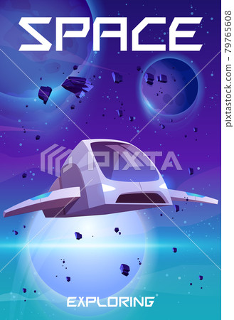 Space exploring cartoon poster. Rocket in galaxy 79765608