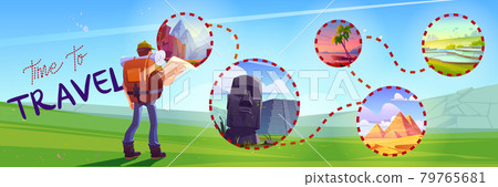 Time to travel cartoon banner, traveler with map 79765681