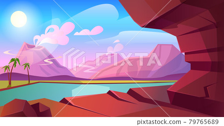 Prehistoric landscape with volcano and lake Prehistoric landscape with volcano and lake 79765689