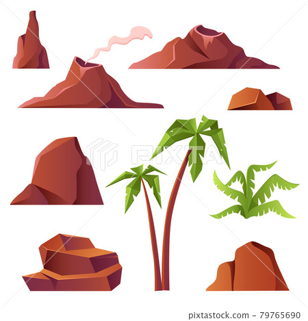 Volcano with smoke, mountains and palm trees Volcano with smoke, mountains and palm trees 79765690