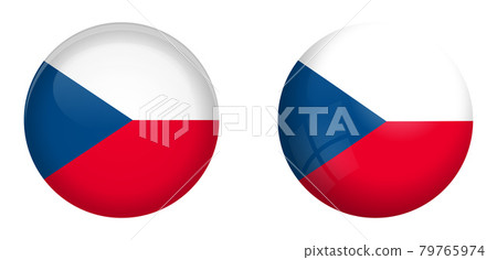 Czechia flag under 3d dome button and on glossy sphere / ball. Czechia flag under 3d dome button and on glossy sphere / ball. 79765974