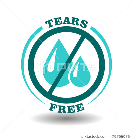 Simple vector round logo No Tears, Tears Free icon for gentle care cosmetic products with soft formula sign. Prohibited liquid water drops symbol in blue circle pictogram Simple vector round logo No Tears, Tears Free icon for gentle care cosmetic products with soft formula sign. Prohibited liquid water drops symbol in blue circle pictogram 79766076