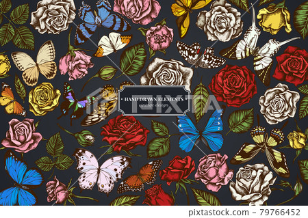 Floral design on dark background with menelaus blue morpho, giant swordtail, blue morpho, lemon 79766452