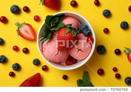 Fruit ice cream and ingredients on yellow background 79766760