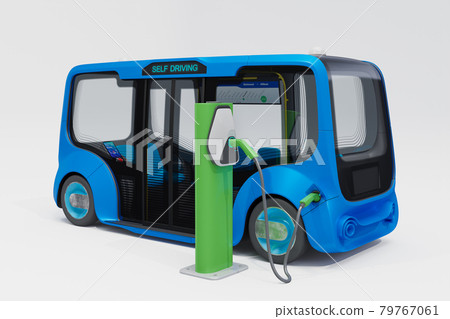 Autonomous electric minibus charging battery, 3d render Autonomous electric minibus charging battery, 3d render 79767061