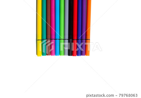 A set of colorful pens on a white background. Top view. A set of colorful pens on a white background. Top view. 79768063