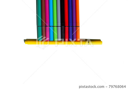 A set of colorful pens on a white background. Top view. A set of colorful pens on a white background. Top view. 79768064