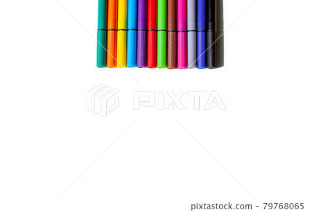A set of colorful pens on a white background. Top view. A set of colorful pens on a white background. Top view. 79768065