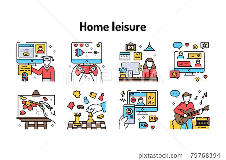 Home leisure color line icons. Hobby: E-learning, gaming, painting. Vector isolated illustration. Editable stroke. 79768394
