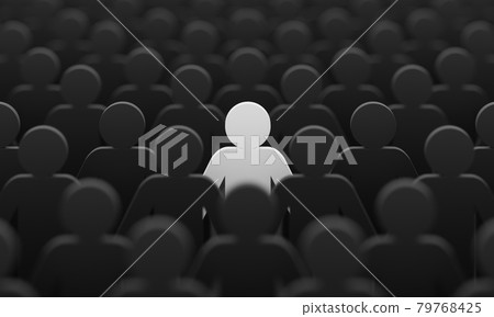 White color figurine among crowd black people background. Social lifestyle and business competition and strange person concept. Human character symbol theme. 3D illustration rendering. 79768425
