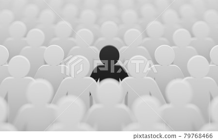 Black color figurine among crowd white people background. Social lifestyle and business competition and strange person concept. Human character symbol theme. 3D illustration rendering. 79768466