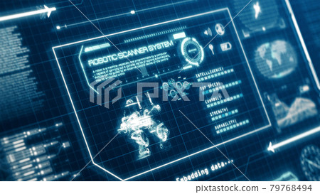 HUD Robot Scanning System ability user interface computer screen display with pixels background. Blue abstract hologram holographic technology concept. Sci-fi. 3D illustration rendering graphic design 79768494