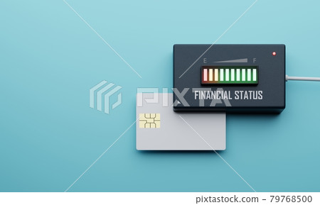 Credit card financial status balance checking device on blue background. Business economy and investment concept. Cash flow electronic indicator machine theme. 3D illustration rendering graphic design 79768500