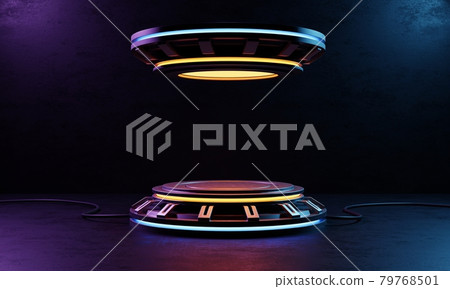 Cyberpunk product podium platform studio with blue yellow and violet spotlight on grunge style textured in spaceship background. Futuristics technology scene concept. 3D illustration rendering graphic 79768501