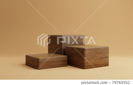 Three brown wooden rectangle cube product stage podium on orange background. Minimal fashion theme. Geometry exhibition stage mockup concept. 3D illustration rendering graphic design Three brown wooden rectangle cube product stage podium on orange background. Minimal fashion theme. Geometry exhibition stage mockup concept. 3D illustration rendering graphic design 79768502