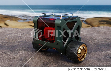 Two-wheel parcel and spare part delivery balancing box bot on rock hill beside beach and sea in outdoor background. Technology and transportation concept. 3D illustration rendering 79768513