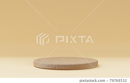 One brown wooden round cylinder product stage podium on orange background. Minimal fashion theme. Geometry exhibition stage mockup concept. 3D illustration rendering 79768532