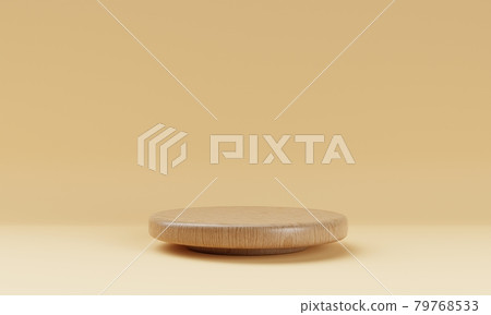 One brown wooden round cylinder product stage podium on orange background. Minimal fashion theme. Geometry exhibition stage mockup concept. 3D illustration rendering 79768533
