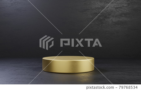 Golden one cylinder product stage podium table on black cement background. Abstract minimal fashion theme. Geometry exhibition stage mockup concept. 3D illustration rendering graphic design 79768534