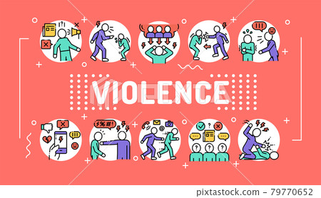 Violence word lettering typography. Infographics with linear icons on red background. Creative idea concept. Isolated outline color illustration Violence word lettering typography. Infographics with linear icons on red background. Creative idea concept. Isolated outline color illustration 79770652