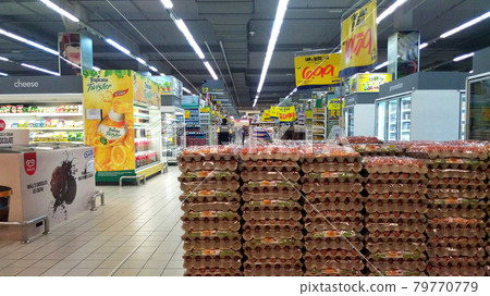 SEREMBAN, MALAYSIA -MARCH 16, 2021: Interior of a huge hypermarket. Daily necessities and groceries are displayed on sales shelves and price tagged. Sorted by type and brand. 79770779