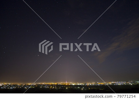 Wide panorama, aerial night view of modern tourist Ivano-Frankivsk city, Ukraine. Scene of bright lights of tall buildings, high television tower and green suburbs on evening stars sky background. Wide panorama, aerial night view of modern tourist Ivano-Frankivsk city, Ukraine. Scene of bright lights of tall buildings, high television tower and green suburbs on evening stars sky background. 79771254
